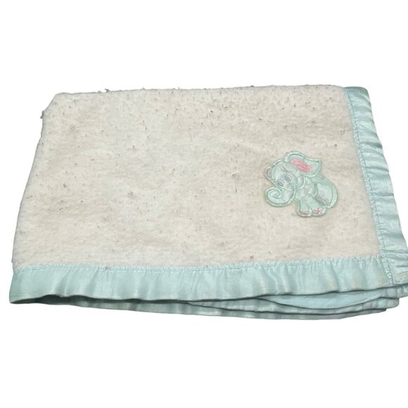 Vintage baby blanket elephant blue border white fuzzy 44x32" READ - Picture 1 of 5